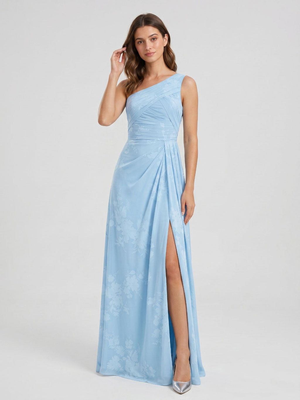 Sky Blue Chiffon A-Line One Shoulder Back Zip Floor-Length Bridesmaid Dress with Pleating - Curvevia