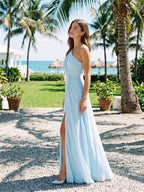 Sky Blue Chiffon A-Line One Shoulder Back Zip Floor-Length Bridesmaid Dress with Pleating - Curvevia