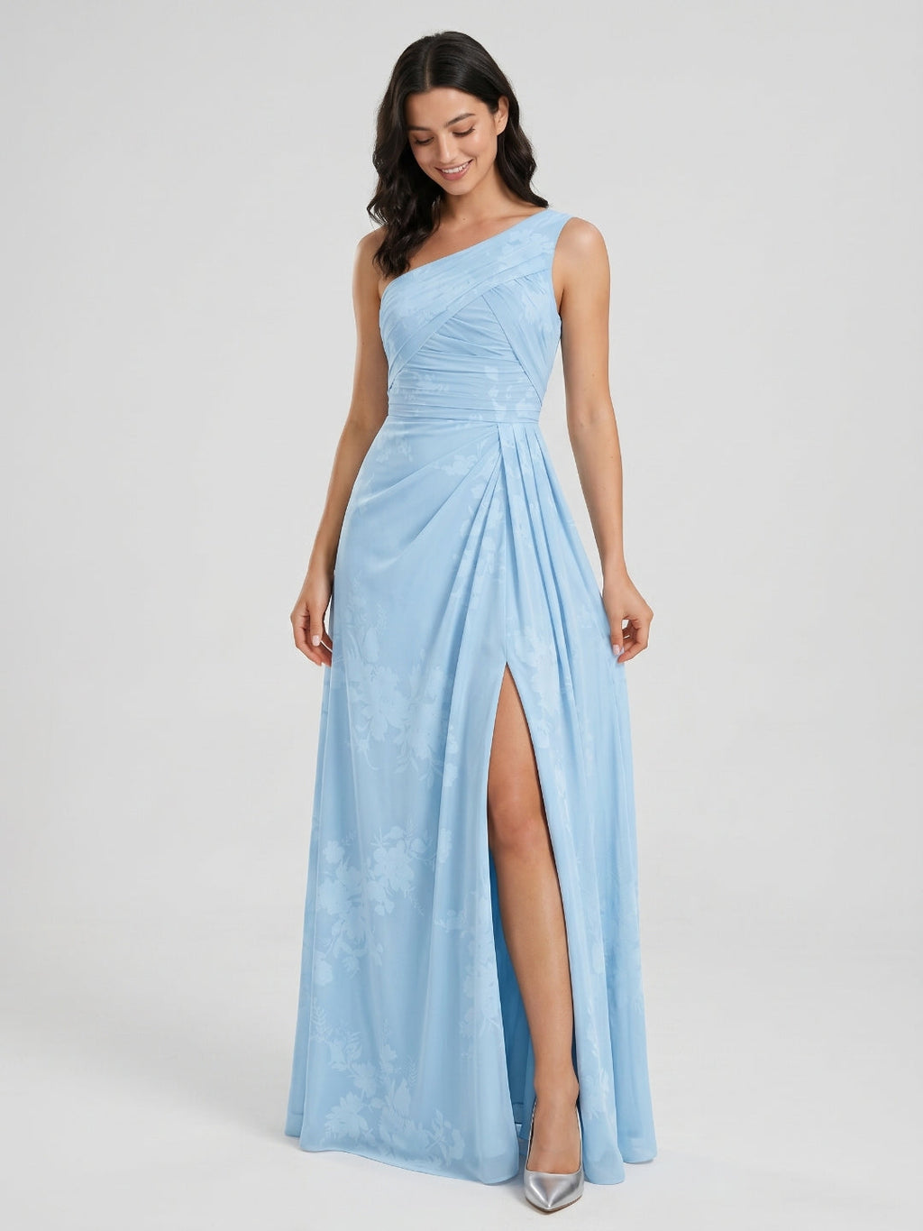 Sky Blue Chiffon A-Line One Shoulder Back Zip Floor-Length Bridesmaid Dress with Pleating - Curvevia