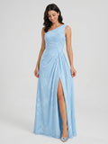 Sky Blue Chiffon A-Line One Shoulder Back Zip Floor-Length Bridesmaid Dress with Pleating - Curvevia