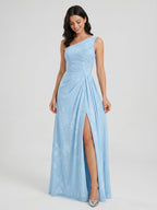 Sky Blue Chiffon A-Line One Shoulder Back Zip Floor-Length Bridesmaid Dress with Pleating - Curvevia