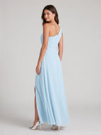 Sky Blue Chiffon A-Line One Shoulder Back Zip Floor-Length Bridesmaid Dress with Pleating - Curvevia