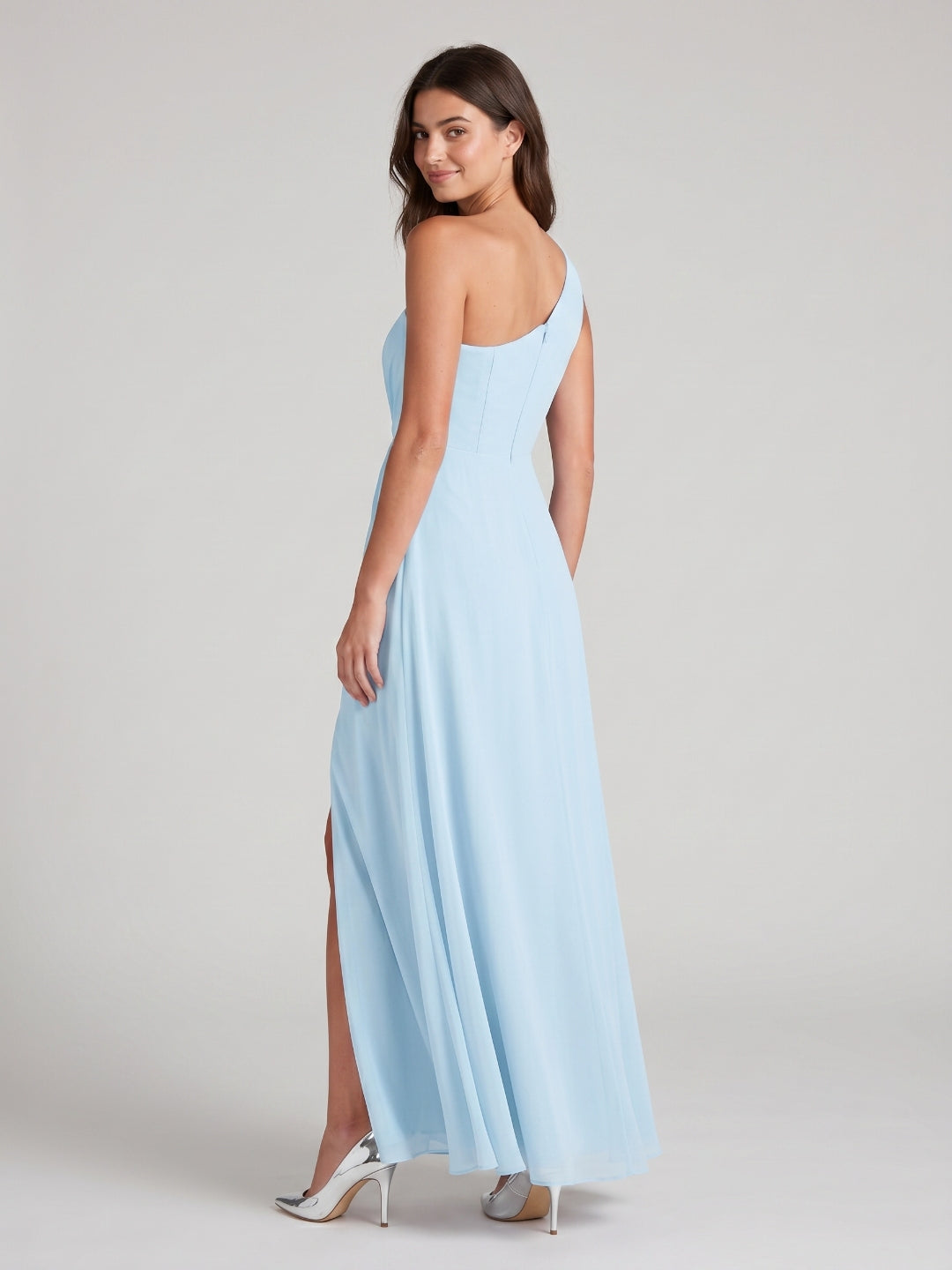 Sky Blue Chiffon A-Line One Shoulder Back Zip Floor-Length Bridesmaid Dress with Pleating - Curvevia