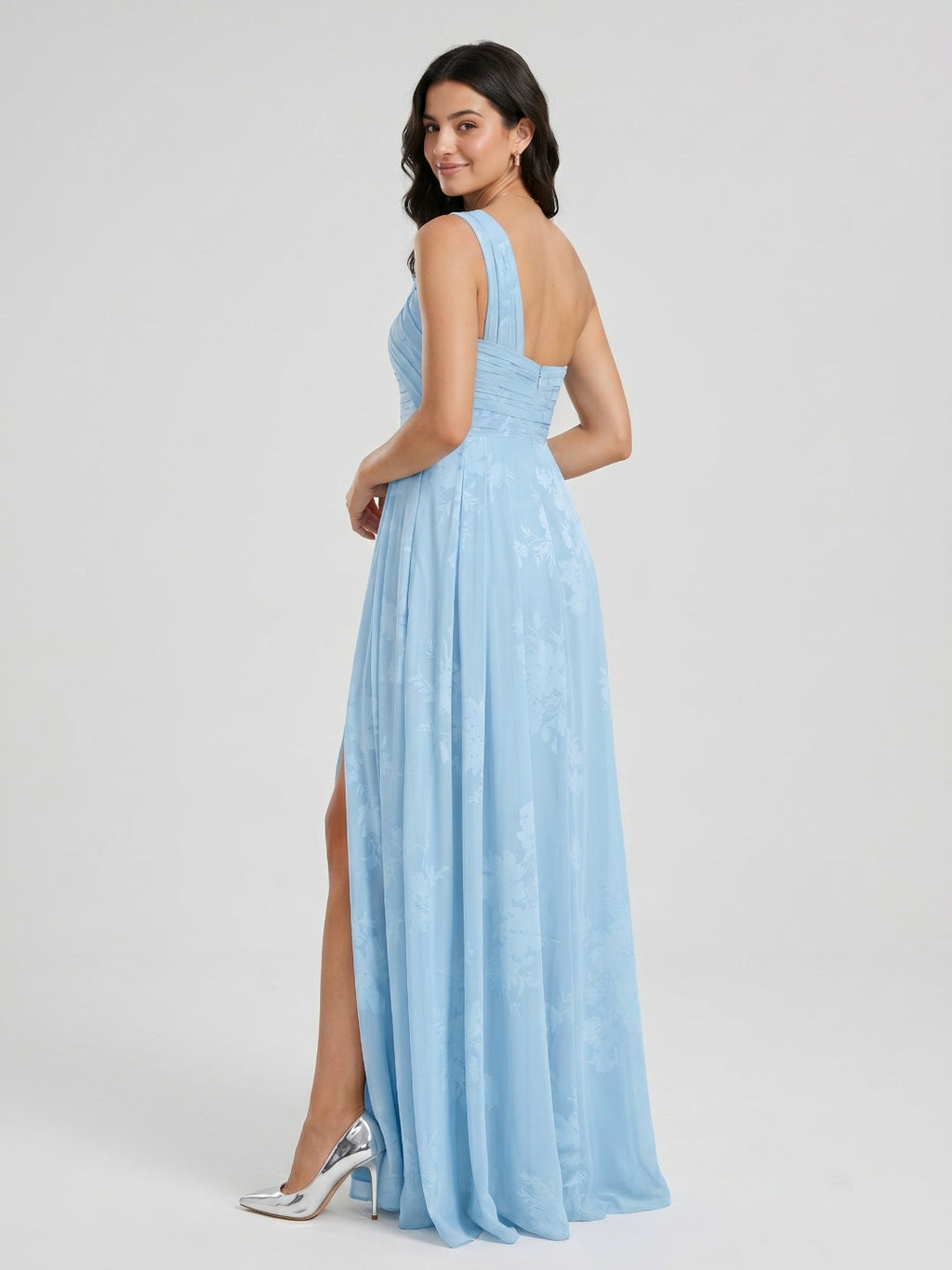 Sky Blue Chiffon A-Line One Shoulder Back Zip Floor-Length Bridesmaid Dress with Pleating - Curvevia