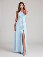 Sky Blue Chiffon A-Line One Shoulder Back Zip Floor-Length Bridesmaid Dress with Pleating - Curvevia