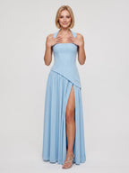 Sky Blue Chiffon A-Line Square Neck Lace-up Floor-Length Dress - Curvevia