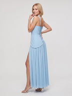 Sky Blue Chiffon A-Line Square Neck Lace-up Floor-Length Dress - Curvevia