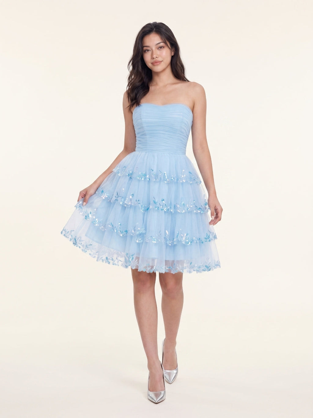 Sky Blue Chiffon A-Line Straight Neck Back Zip Short Homecoming Dress with Sequins - Curvevia