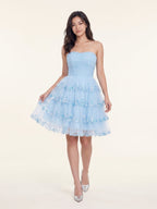 Sky Blue Chiffon A-Line Straight Neck Back Zip Short Homecoming Dress with Sequins - Curvevia