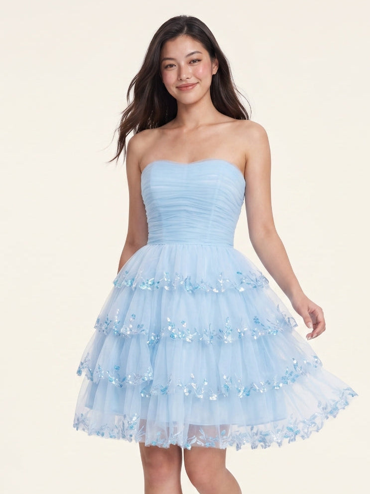 Sky Blue Chiffon A-Line Straight Neck Back Zip Short Homecoming Dress with Sequins - Curvevia
