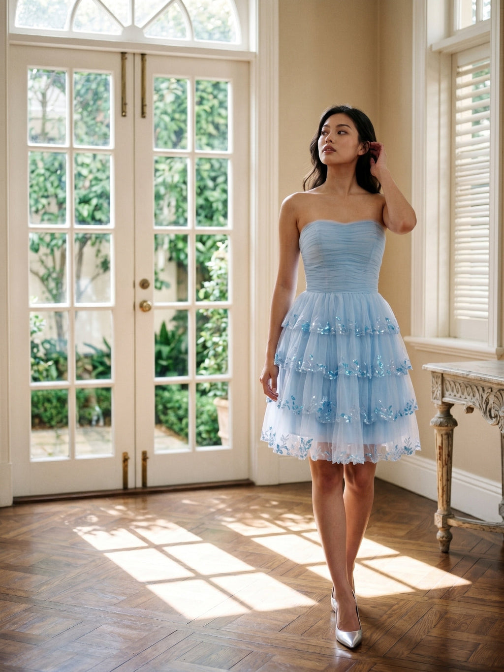 Sky Blue Chiffon A-Line Straight Neck Back Zip Short Homecoming Dress with Sequins - Curvevia
