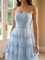Sky Blue Chiffon A-Line Straight Neck Back Zip Short Homecoming Dress with Sequins - Curvevia