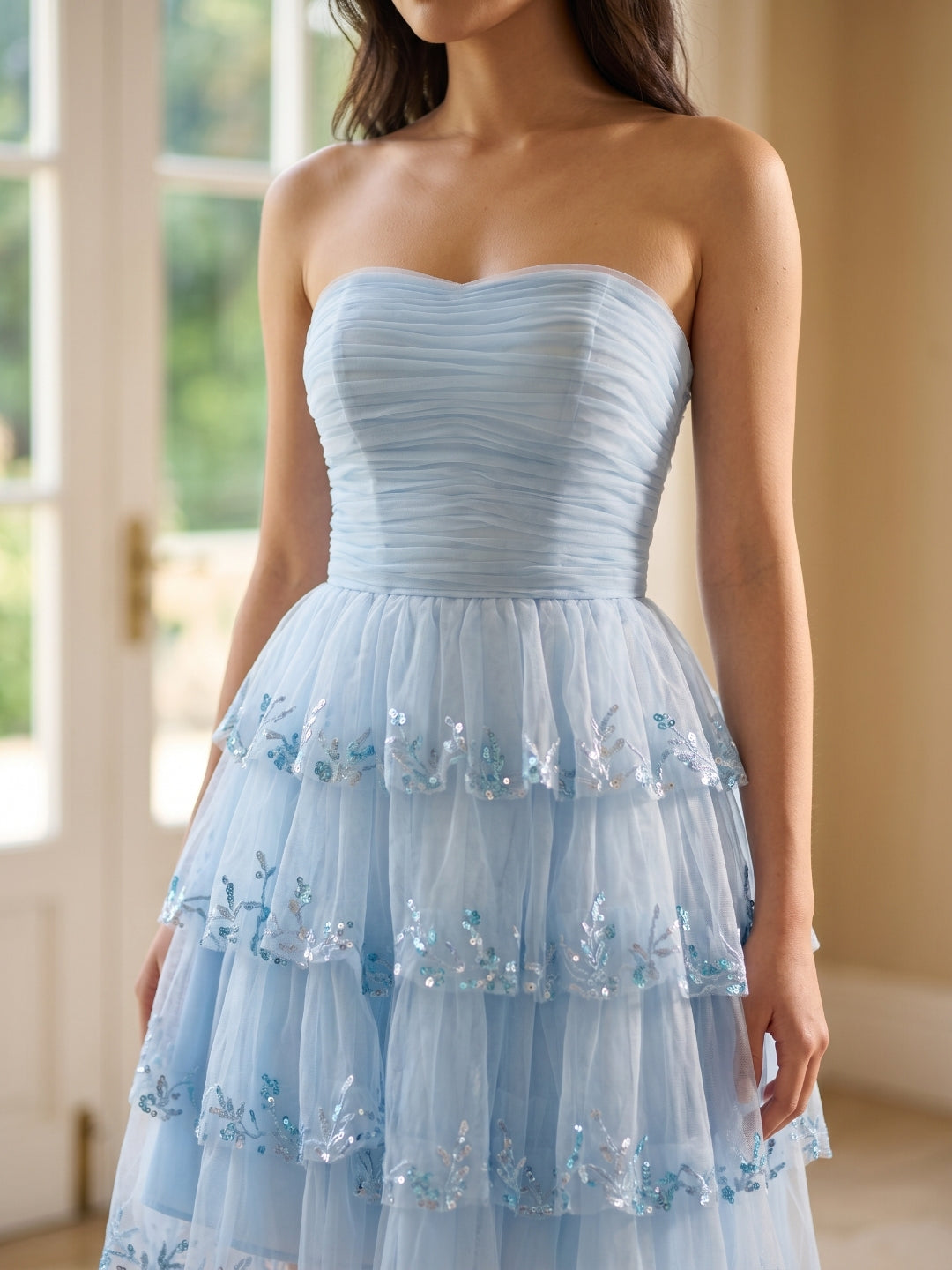 Sky Blue Chiffon A-Line Straight Neck Back Zip Short Homecoming Dress with Sequins - Curvevia