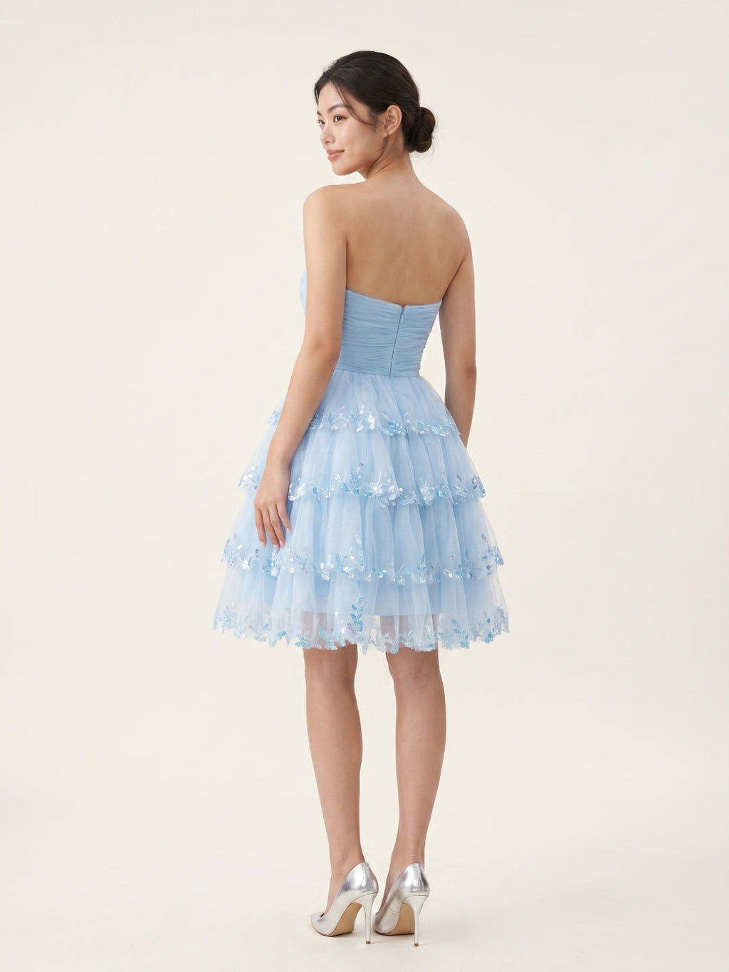 Sky Blue Chiffon A-Line Straight Neck Back Zip Short Homecoming Dress with Sequins - Curvevia