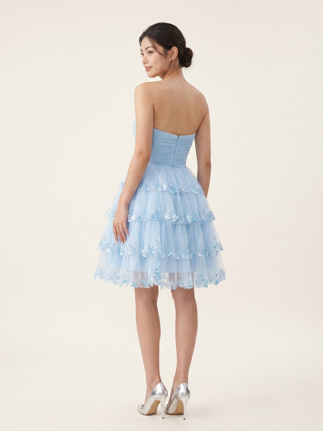Sky Blue Chiffon A-Line Straight Neck Back Zip Short Homecoming Dress with Sequins - Curvevia
