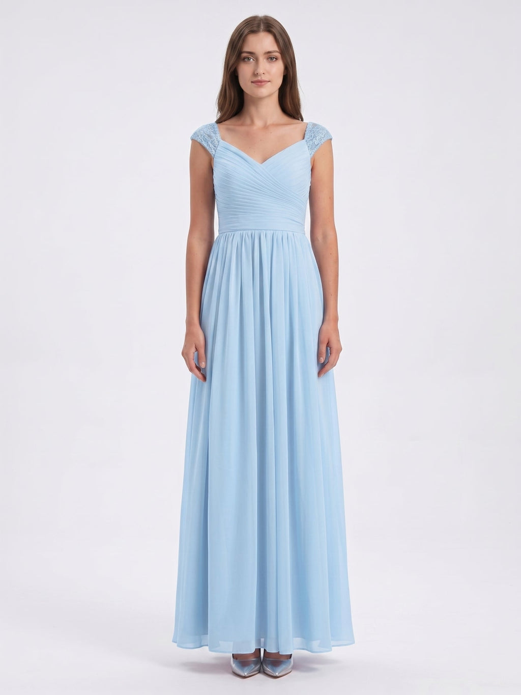 Sky Blue Chiffon A-Line V-Neck Back Zip Floor-Length Bridesmaid Dress with Bow - Curvevia