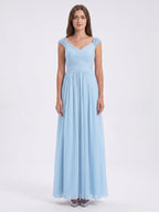 Sky Blue Chiffon A-Line V-Neck Back Zip Floor-Length Bridesmaid Dress with Bow - Curvevia