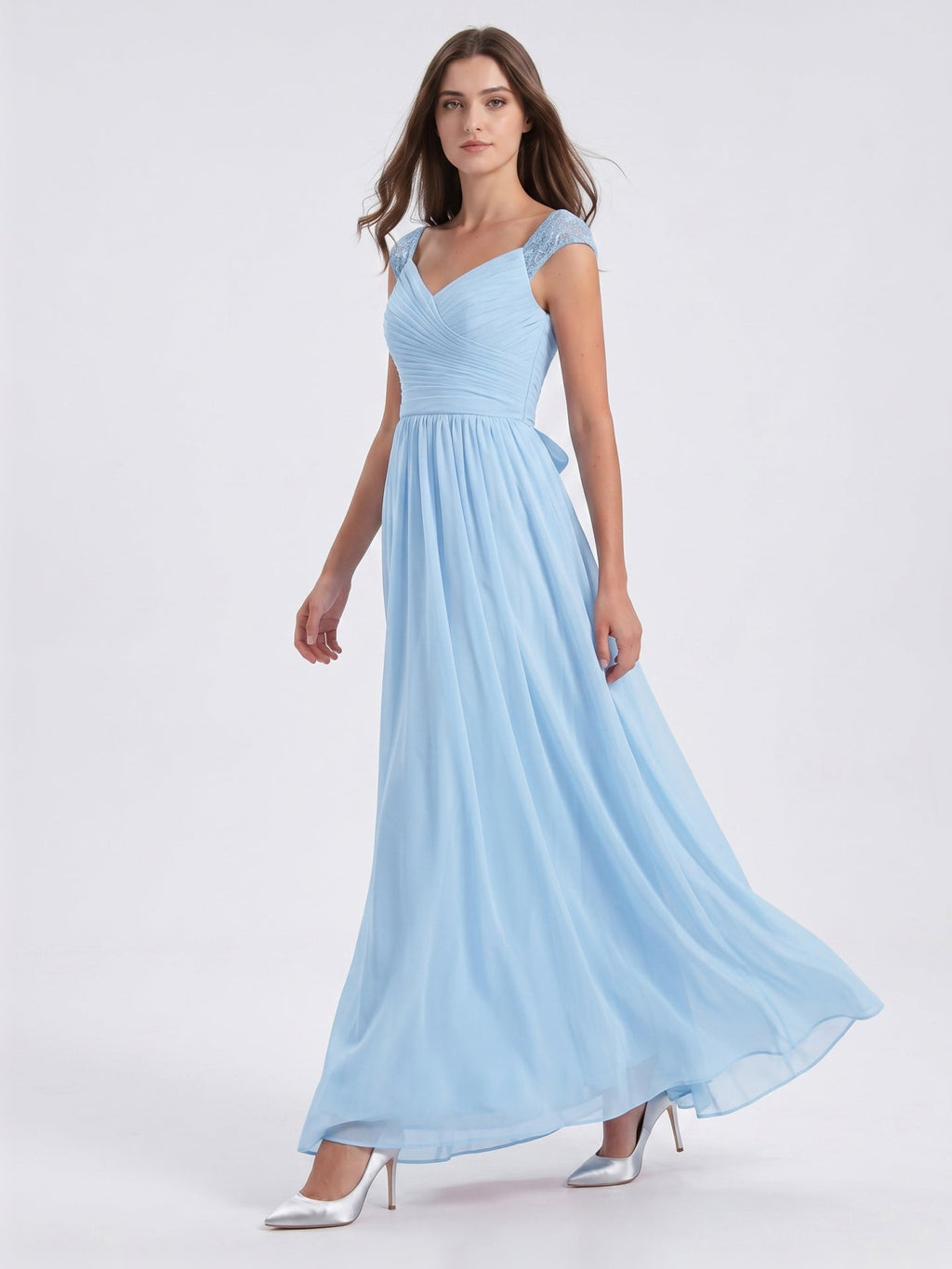 Sky Blue Chiffon A-Line V-Neck Back Zip Floor-Length Bridesmaid Dress with Bow - Curvevia