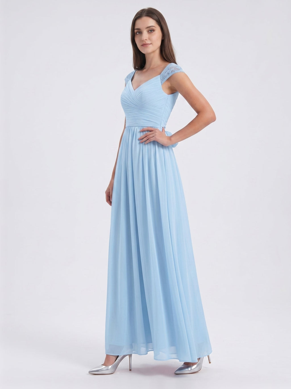 Sky Blue Chiffon A-Line V-Neck Back Zip Floor-Length Bridesmaid Dress with Bow - Curvevia