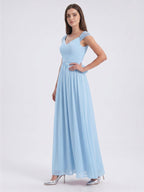 Sky Blue Chiffon A-Line V-Neck Back Zip Floor-Length Bridesmaid Dress with Bow - Curvevia