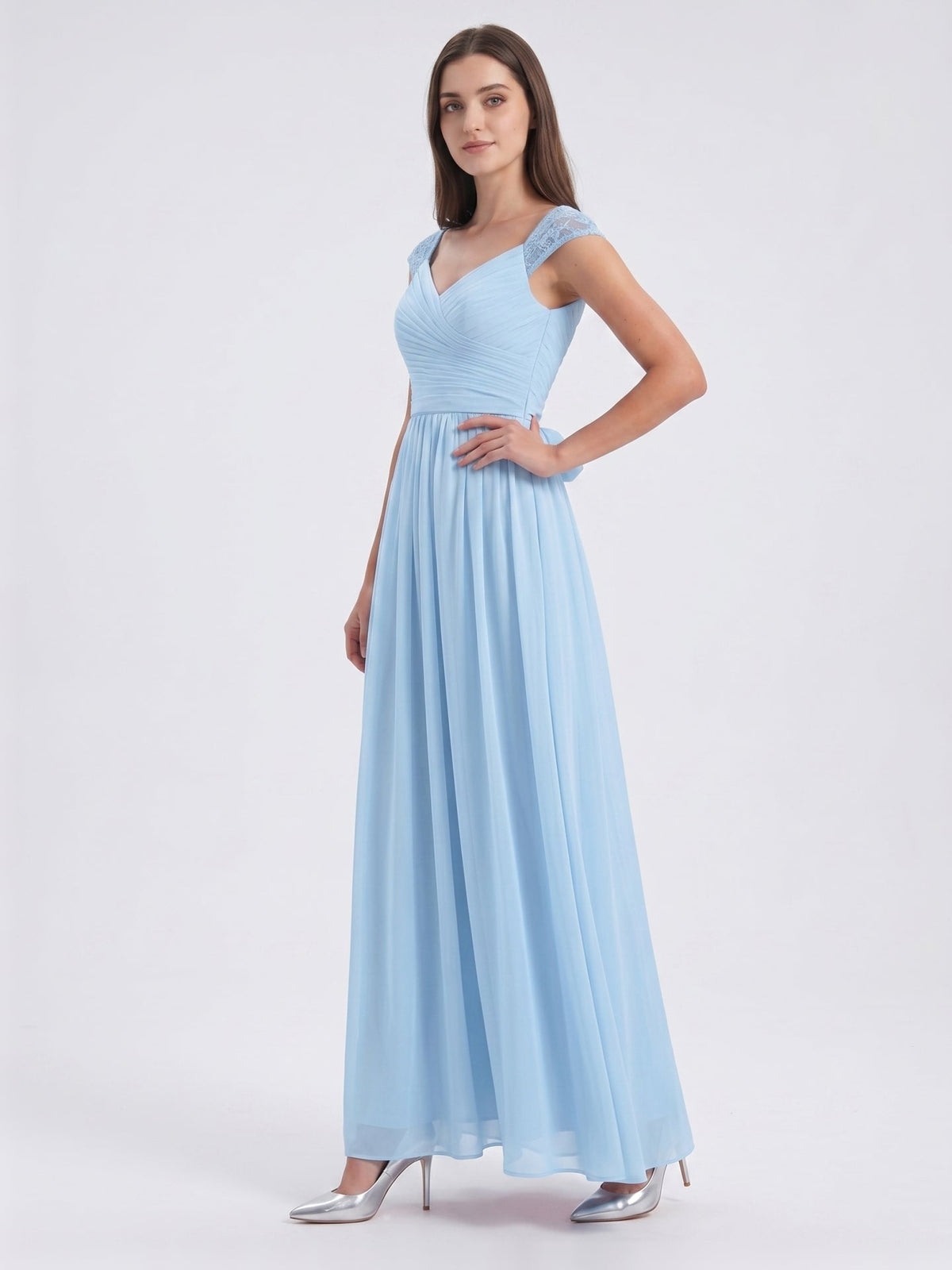 Sky Blue Chiffon A-Line V-Neck Back Zip Floor-Length Bridesmaid Dress with Bow - Curvevia