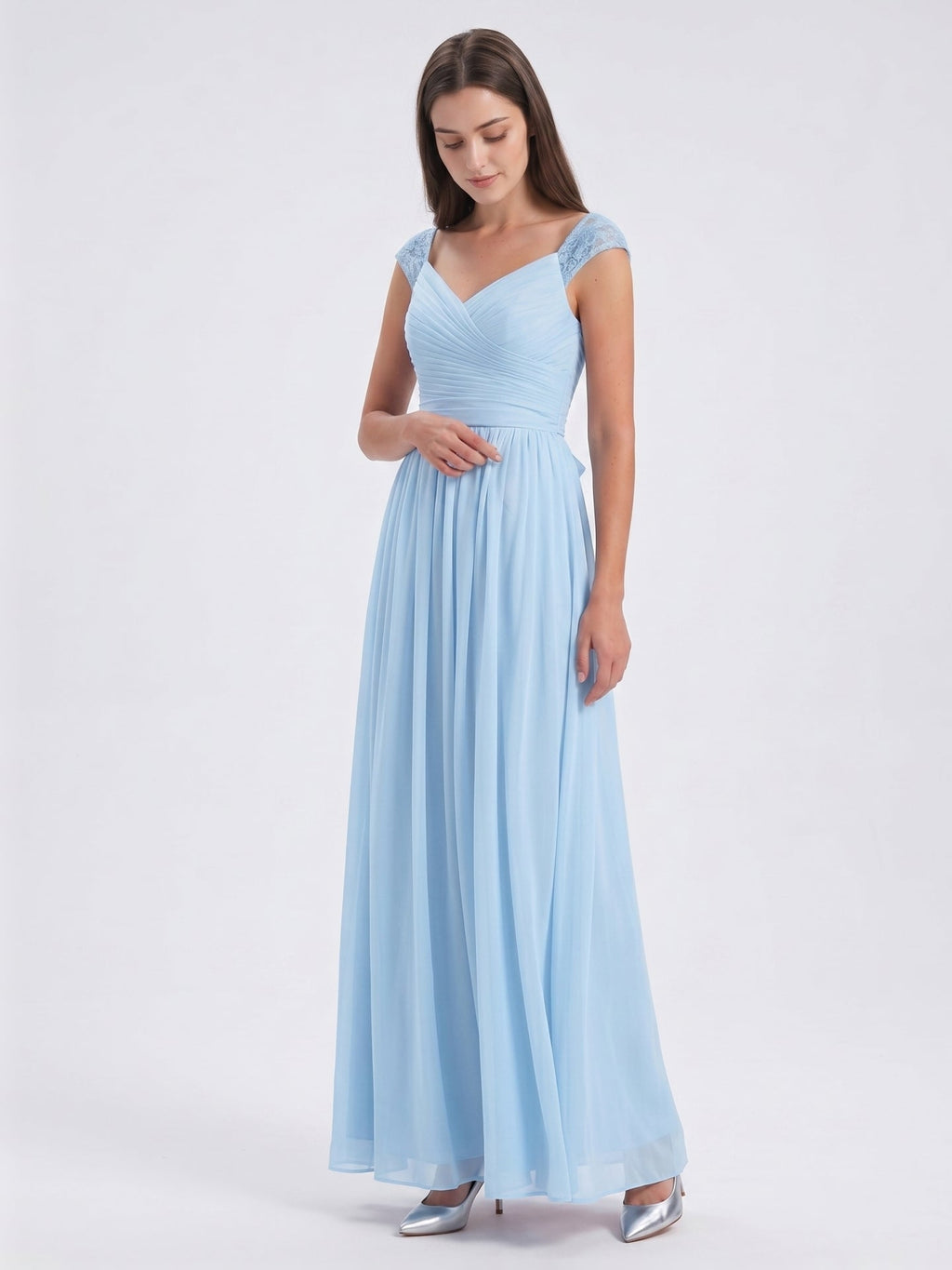 Sky Blue Chiffon A-Line V-Neck Back Zip Floor-Length Bridesmaid Dress with Bow - Curvevia