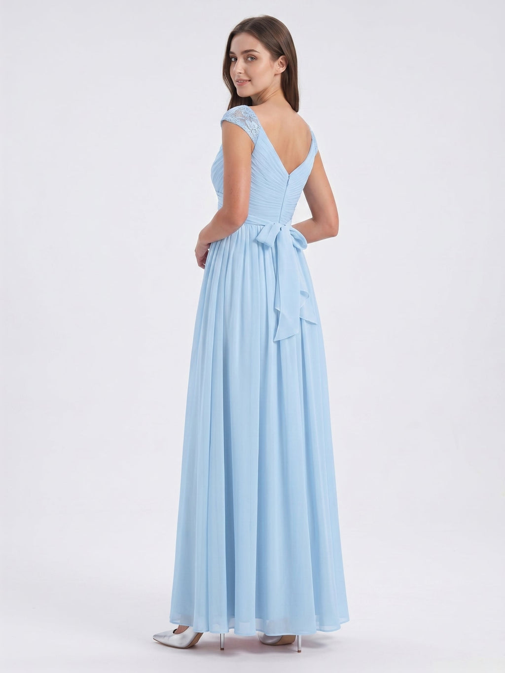 Sky Blue Chiffon A-Line V-Neck Back Zip Floor-Length Bridesmaid Dress with Bow - Curvevia