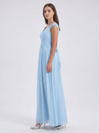 Sky Blue Chiffon A-Line V-Neck Back Zip Floor-Length Bridesmaid Dress with Bow - Curvevia