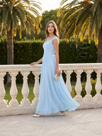 Sky Blue Chiffon A-Line V-Neck Back Zip Floor-Length Bridesmaid Dress with Bow - Curvevia