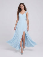 Sky Blue Chiffon A-Line V-Neck Bow Back Floor-Length Bridesmaid Dress with Pleating - Curvevia