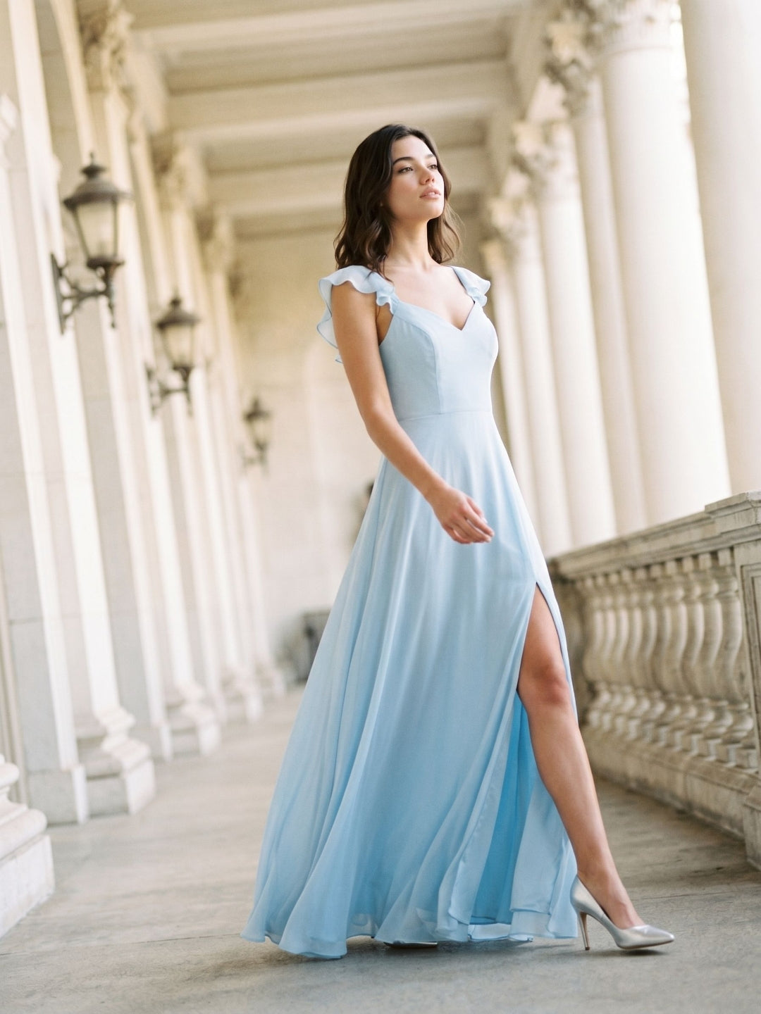 Sky Blue Chiffon A-Line V-Neck Bow Back Floor-Length Bridesmaid Dress with Pleating - Curvevia