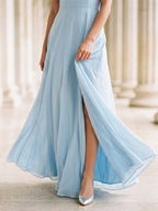 Sky Blue Chiffon A-Line V-Neck Bow Back Floor-Length Bridesmaid Dress with Pleating - Curvevia