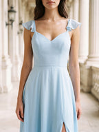 Sky Blue Chiffon A-Line V-Neck Bow Back Floor-Length Bridesmaid Dress with Pleating - Curvevia