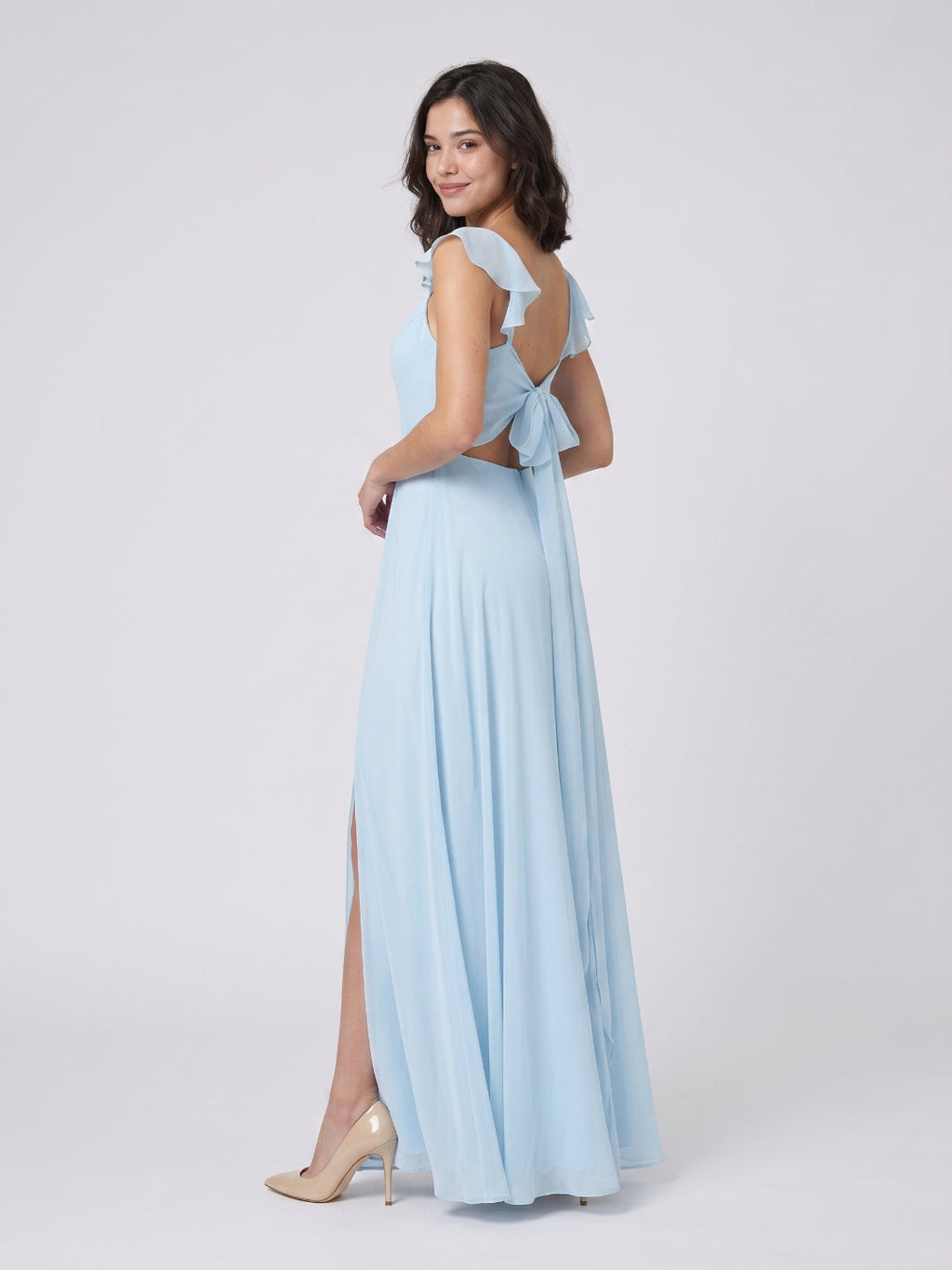 Sky Blue Chiffon A-Line V-Neck Bow Back Floor-Length Bridesmaid Dress with Pleating - Curvevia