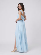 Sky Blue Chiffon A-Line V-Neck Bow Back Floor-Length Bridesmaid Dress with Pleating - Curvevia