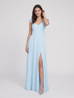 Sky Blue Chiffon A-Line V-Neck Bow Back Floor-Length Bridesmaid Dress with Pleating - Curvevia