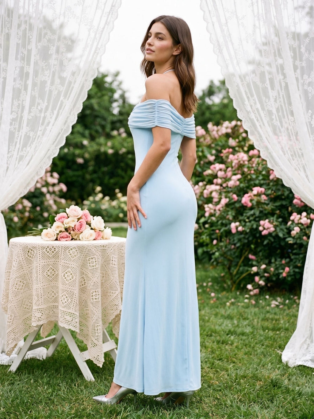 Sky Blue Chiffon Sheath Halter Neckline Illusion Back Floor-Length Formal Dress - Curvevia