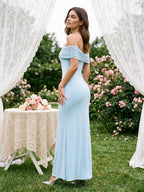 Sky Blue Chiffon Sheath Halter Neckline Illusion Back Floor-Length Formal Dress - Curvevia