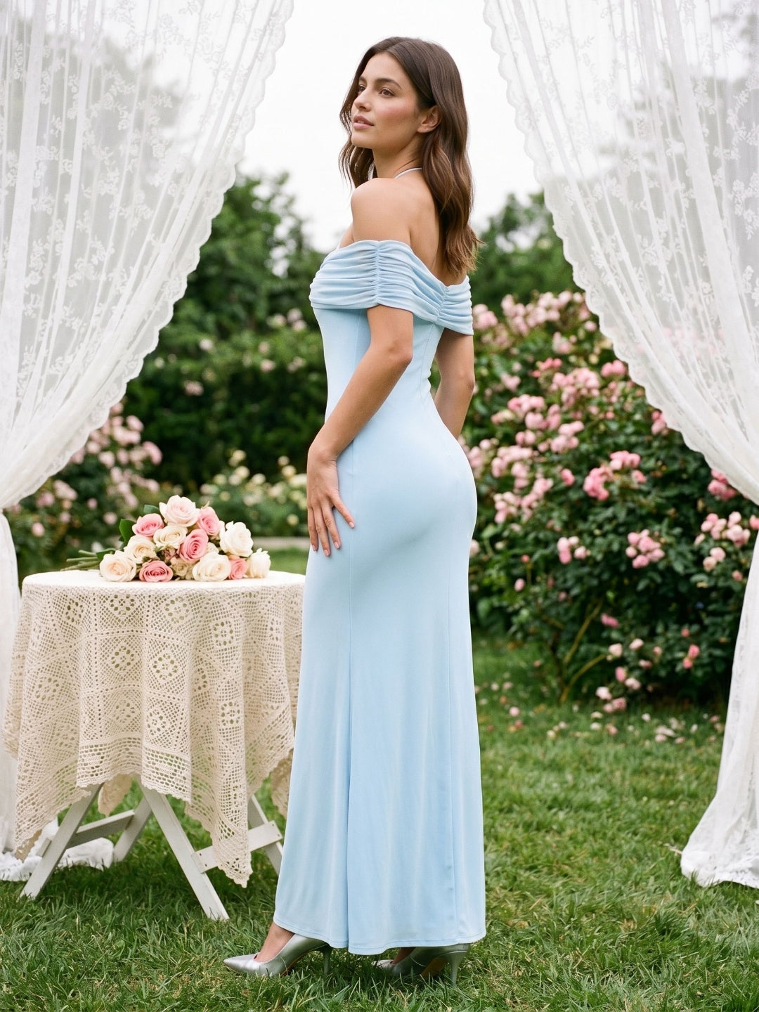 Sky Blue Chiffon Sheath Halter Neckline Illusion Back Floor-Length Formal Dress - Curvevia