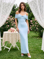 Sky Blue Chiffon Sheath Halter Neckline Illusion Back Floor-Length Formal Dress - Curvevia