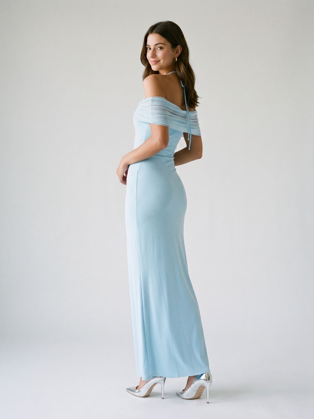 Sky Blue Chiffon Sheath Halter Neckline Illusion Back Floor-Length Formal Dress - Curvevia