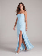 Sky Blue Chiffon Sheath Straight Neck Backless Floor-Length Bridesmaid Dress with Pleating - Curvevia