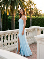 Sky Blue Chiffon Sheath Straight Neck Backless Floor-Length Bridesmaid Dress with Pleating - Curvevia