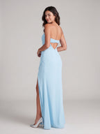 Sky Blue Chiffon Sheath Straight Neck Backless Floor-Length Bridesmaid Dress with Pleating - Curvevia