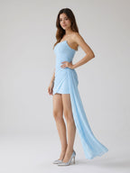 Sky Blue Chiffon Sheath Straight Neck Backless Short Birthday Dress - Curvevia