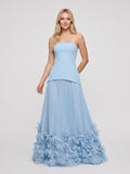 Sky Blue Crepe A-Line Straight Neck Lace-up Floor-Length Dress - Curvevia