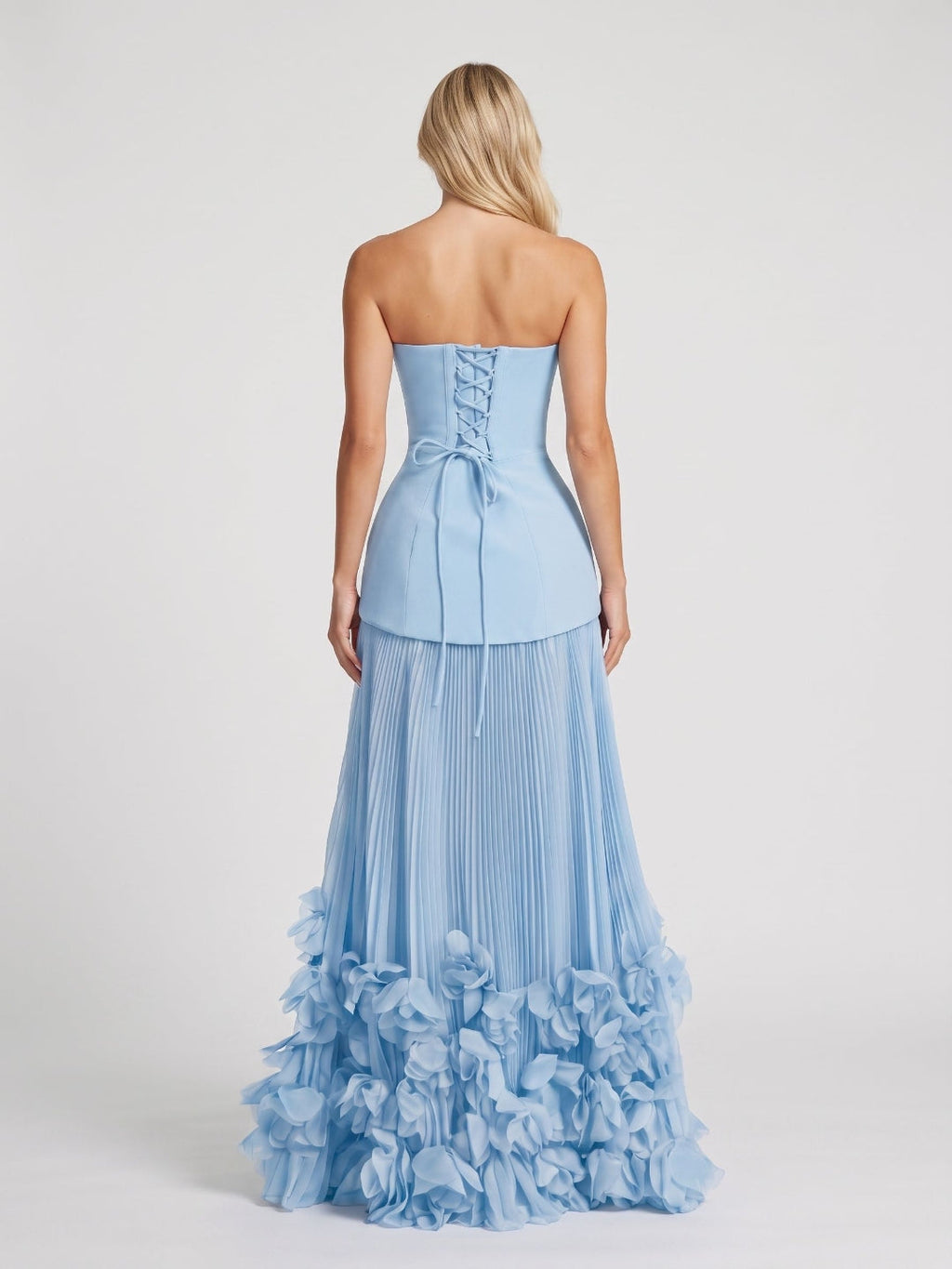Sky Blue Crepe A-Line Straight Neck Lace-up Floor-Length Dress - Curvevia