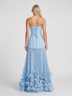 Sky Blue Crepe A-Line Straight Neck Lace-up Floor-Length Dress - Curvevia