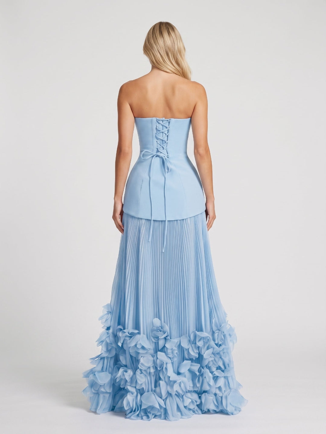Sky Blue Crepe A-Line Straight Neck Lace-up Floor-Length Dress - Curvevia