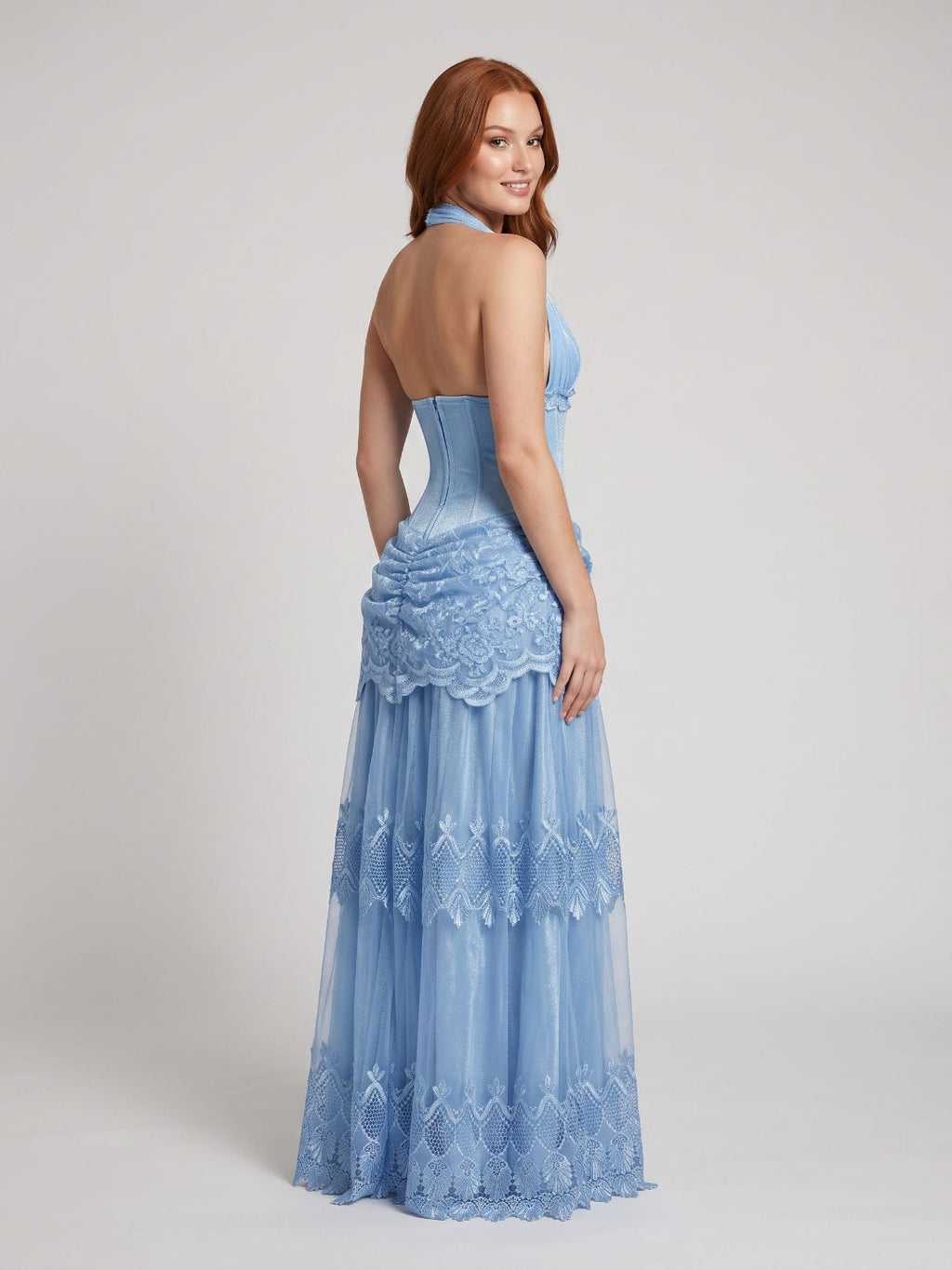 Sky Blue Glitter Tulle with Lace A-Line Halter Open Back Floor Length Dress - Curvevia